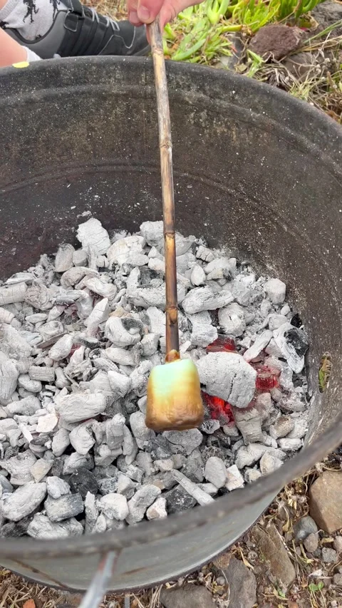 Roasting marshmallows on a stick over a BBQ. Vertical video Stock Footage 332231904