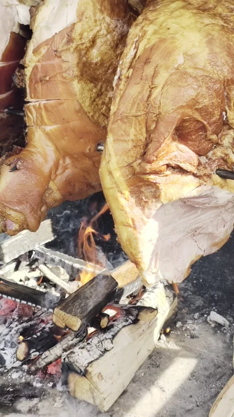 Roasting meat on open fire with flames and smoke, large cuts on metal spit Stock Footage 332567398