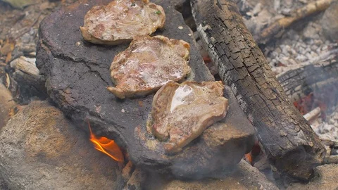 Roasting meat on a stone of fire Stock Footage 113275260
