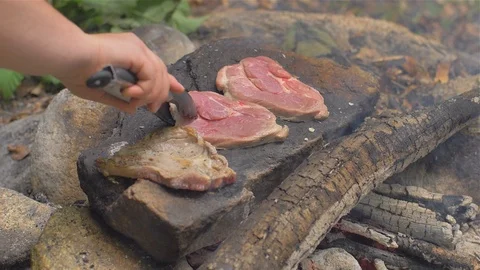 Roasting meat on a stone of fire Video stock 113278096