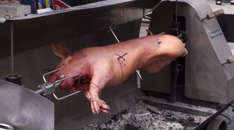 Roasting a pig outdoor Stock Footage 54136555