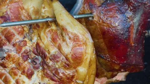 Roasting Pork Knuckle on Spit Over Open Wood Fire Stock Footage 321379803