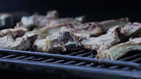 Roasting pork ribs on a grill grate in a barbecue oven, slow motion, close-up Stock Footage 323911196