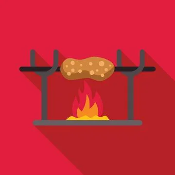 Roasting potato over campfire on red background Stock Illustration