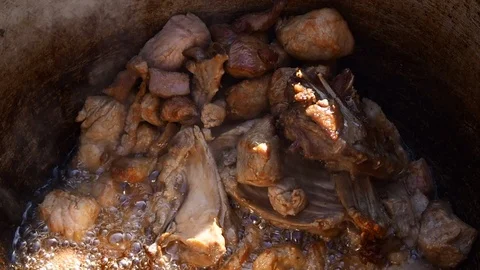Roasting rabbit meat in a large pot Stock Footage 110872906