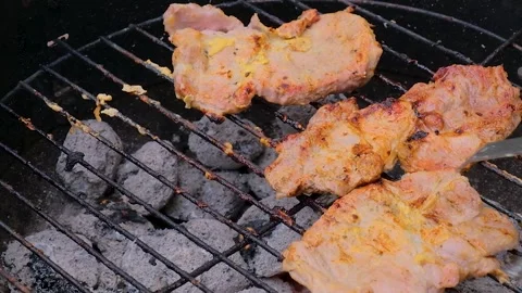 Roasting raw meat steak on burning fire, person using cooking tongs for turning  Stock Footage 241522505