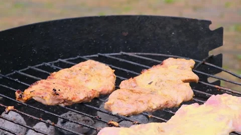 Roasting raw meat steak on burning fire, person using cooking tongs for turning  Stock Footage 241522507