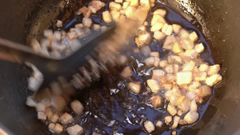 Roasting of salted pork fatback on a red-hot pan, close-up Stock Footage 251645666