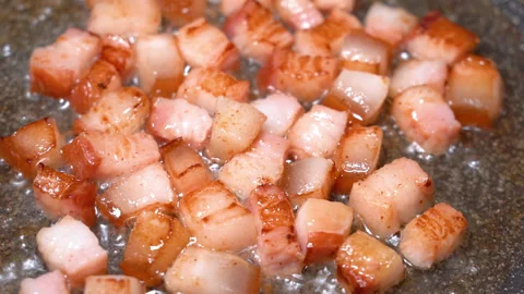 Roasting of salted pork fatback on a red-hot pan, close-up Stock Footage 254082937