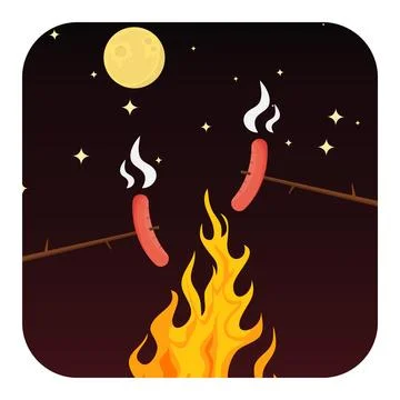 Roasting sausages on a campfire under the full moon at night Ilustração Stock