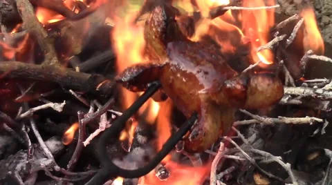 Roasting sausages over a fire Stock Footage 40834425