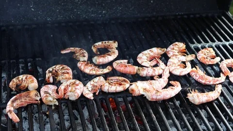 Roasting shrimps on the grill Stock Footage 74895231