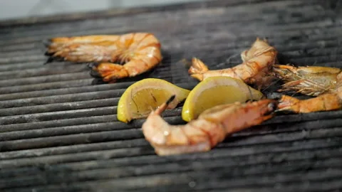 Roasting Shrimps on the Grill Stock Footage 131366764