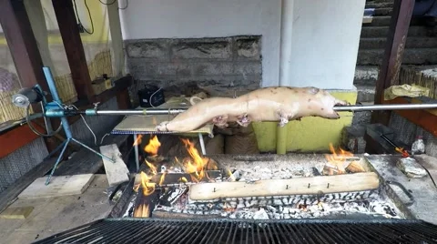 Roasting whole pig Stock Footage 64094860