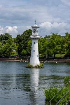 Roath Park Lighthouse Clock Tower Cardiff Summer Sunny Cloudy Day Stock Photos