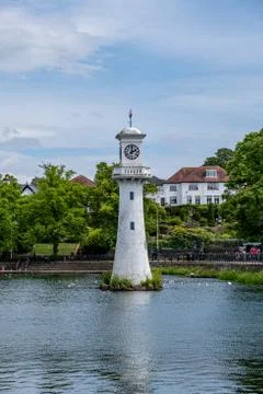 Roath Park Lighthouse Clock Tower Cardiff Summer Sunny Cloudy Day Stock Photos