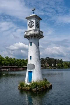 Roath Park Lighthouse Clock Tower Cardiff Summer Sunny Cloudy Day Stock Photos