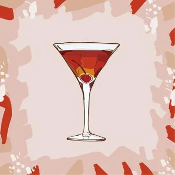Rob Roy cocktail with cherry garnish illustration. Alcoholic classic bar drin Stock Illustration
