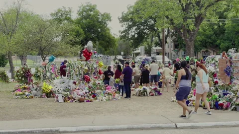 Robb Elementary School In Uvalde, Texas-Crowd Gathers At Vigil Stock Footage 196621466