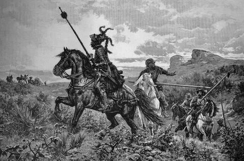 The robber barons raid a goods transport in the Middle Ages Historical Stock Illustration