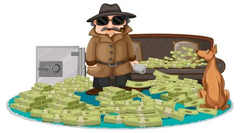 A robber cartoon character with banknotes stack Illustrazione stock