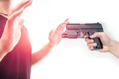 Robber with a gun robbing intimidate a man surrender. Isolated white backgrou Stock Photos