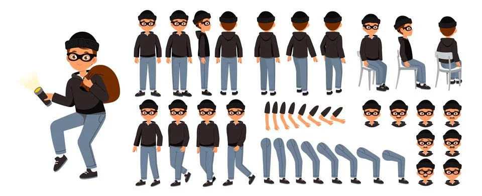 Robber man constructor. Happy guy in black mask with money. Pack of legs, hands Stock Illustration