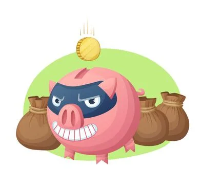 A robber pig stealing money vector illustration, unsafe piggy bank with golden Stock Illustration