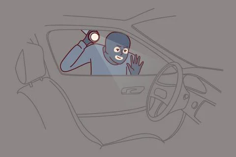 Robber steht in der Nähe des Autos und glänzt Taschenlampe in Innenraum st. Stock Photos