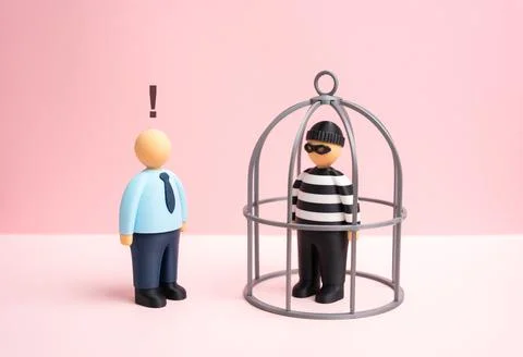 A robber is trapped in a cage. A spy is caught. Identify the swindler. Busine Illustration