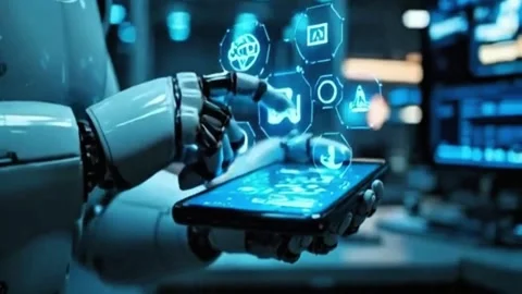 Robbot with hologrum technology Stock Footage 318391059