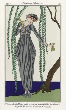 Robe de taffetas gris à col et manchettes de linon et gilet de satin à boutons d Stock Illustration