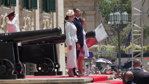 Robert Abela stands with officials and supporters outside Auberge de Castille. Stock Footage 336489830