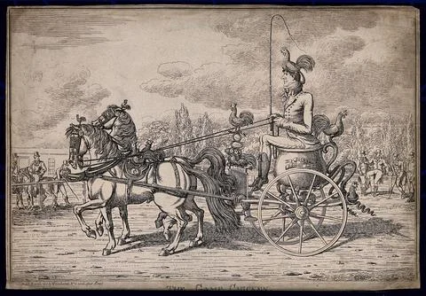 Robert Coates riding on a large cauldren pulled by two horses with a chicke.. Stock Illustration