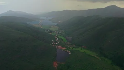 Robertson valley with camp, dam and reservoirs, cinematic aerial view Stock Footage 342353751