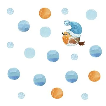 Robin bird in a warm hat. Background of blue and orange snowballs Illustrazione stock