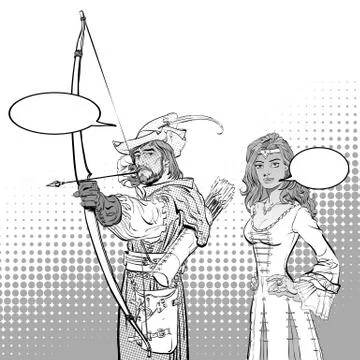 Robin Hood aiming on target. Medieval legends. Heroes of medieval legends. Lady Stock Illustration