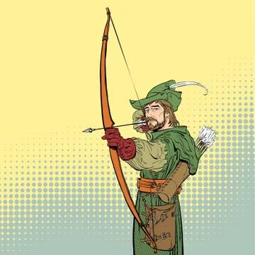 Robin Hood aiming on target. Robin Hood standing with bow and arrows. Defender Stock Illustration