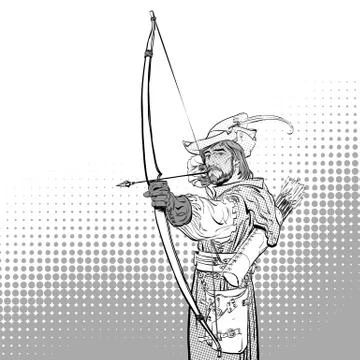 Robin Hood aiming on target. Robin Hood standing with bow and arrows. Defender Stock Illustration