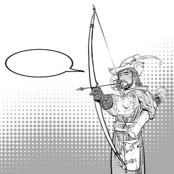 Robin Hood aiming on target. Robin Hood standing with bow and arrows. Defender Stock Illustration