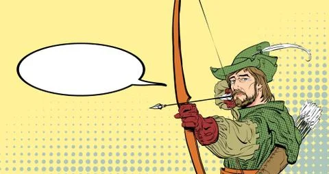 Robin Hood aiming on target. Robin Hood standing with bow and arrows. Defender Stock Illustration