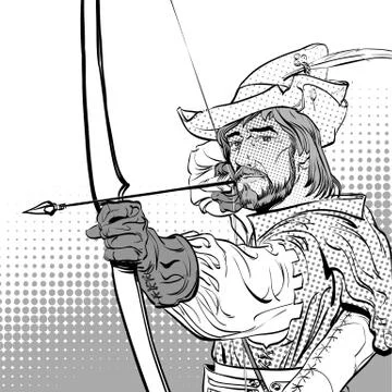 Robin Hood aiming on target. Robin Hood standing with bow and arrows. Defender Stock Illustration