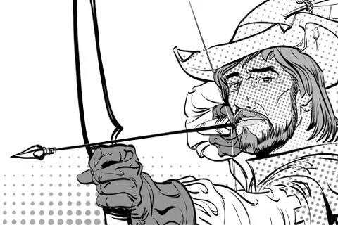 Robin Hood aiming on target. Robin Hood standing with bow and arrows. Defender Stock Illustration