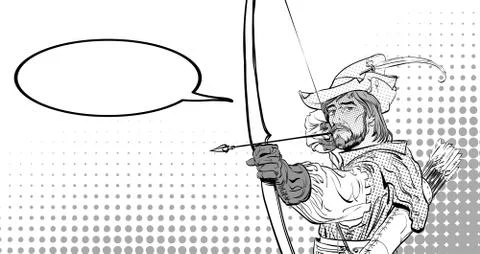 Robin Hood aiming on target. Robin Hood standing with bow and arrows. Defender Stock Illustration