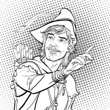Robin Hood in a hat with feather. Defender of weak. Medieval legends. Heroes of Stock Illustration
