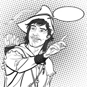 Robin Hood in a hat with feather. Defender of weak. Medieval legends. Heroes of Stock Illustration