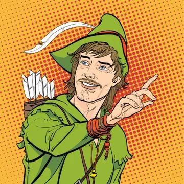 Robin Hood in a hat with feather. Defender of weak. Medieval legends. Heroes of Stock Illustration