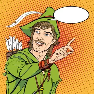 Robin Hood in a hat with feather. Defender of weak. Medieval legends. Heroes of Stock Illustration