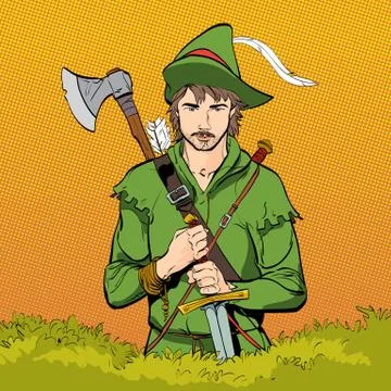 Robin Hood in a hat with feather. Defender of weak. Medieval legends. Heroes of Stock Illustration