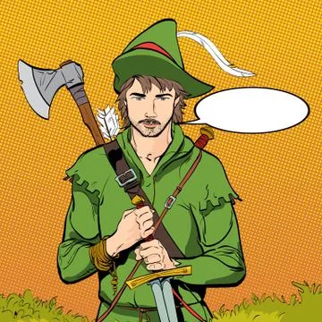 Robin Hood in a hat with feather. Defender of weak. Medieval legends. Heroes of Stock Illustration